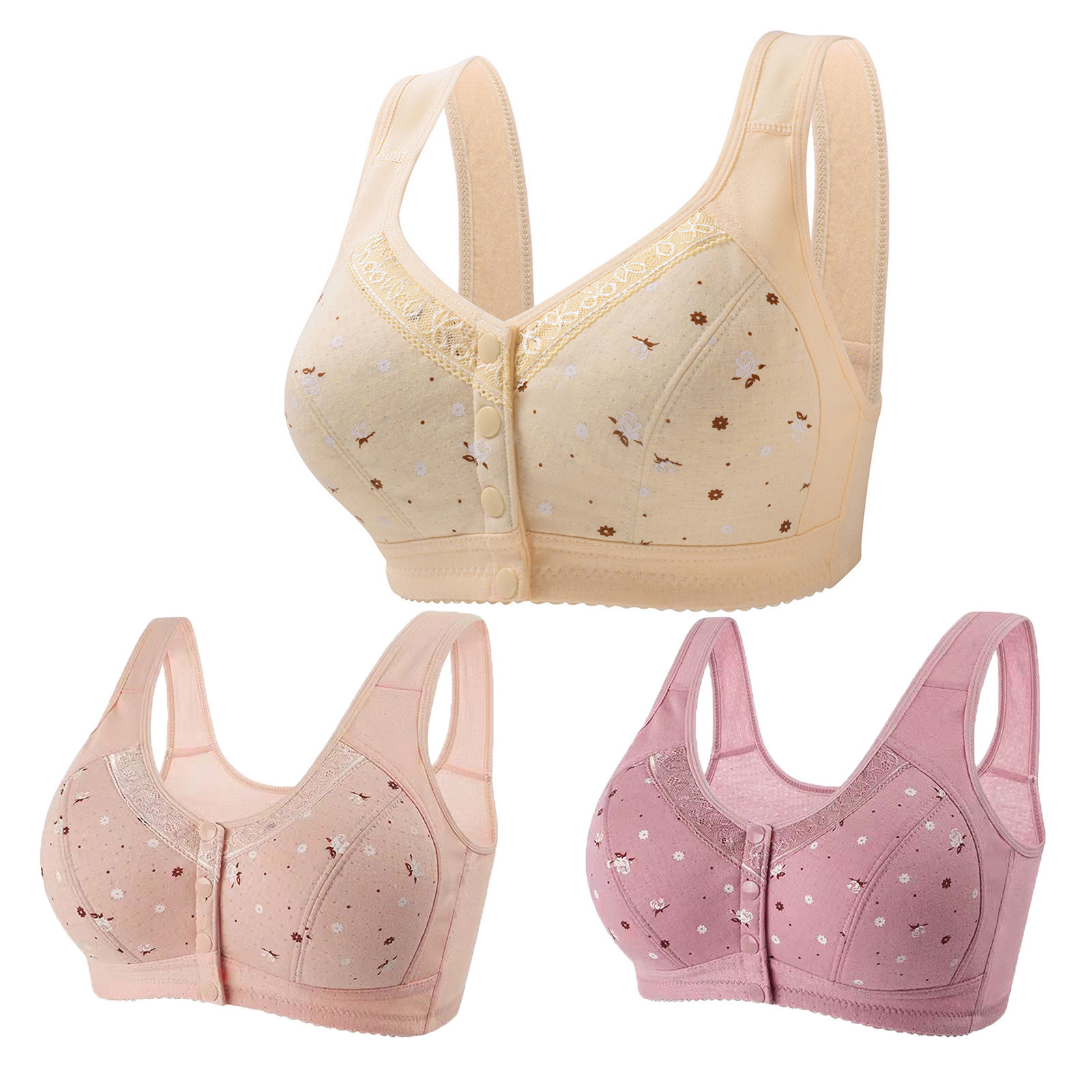 CKpwisy Front Button Bra 3PC Front Closure Everyday Sports Bras Multipack Convenient Snap Sleep Bra Summer Full Support No Underwire Bra Comfort Wireless Cotton Bras for Women